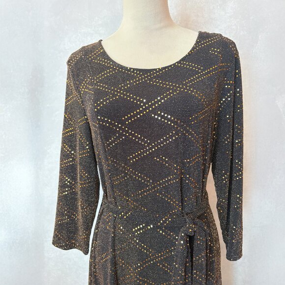Nina Leonard Gold Glitter Midi Dress 3/4 Sleeve Gold and Black Size L - Picture 2 of 14